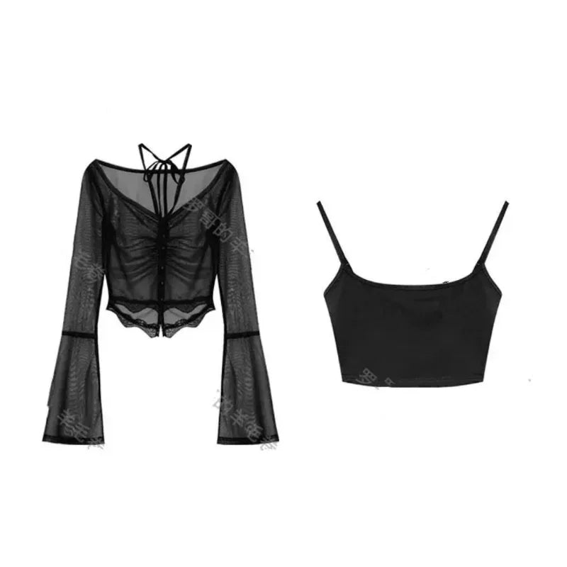 Hnewly spring birthday outfit Red Basic 2 Piece Set Woman Slim Casual Blouse Office Lady Outfit Sexy Y2k Crop Tops Korean Fashion Clothing Chic Summer