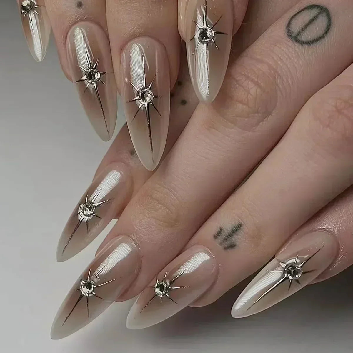 Hnewly 24Pcs French Almond False Nails Glitter with Rhinestones Wearable Fake Nails Artificial Simple Full Cover Press on Nails Tips