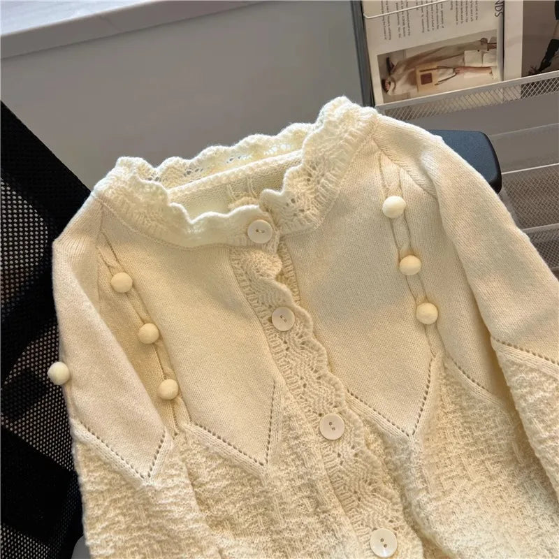 Hnewly  Korean Sweater Cardigan Women's Spring Autumn 2025 Versatile Soft Knitted Jacket Elegant Lace Single Breasted Long Sleeved Top