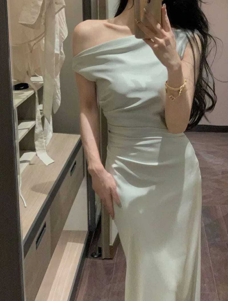 Hnewly Elegant Evening Party Satin Long Dresses for Women 2024 Summer New Pink Birthday Robe Sexy Slash Sleeveless Slim Female Clothing