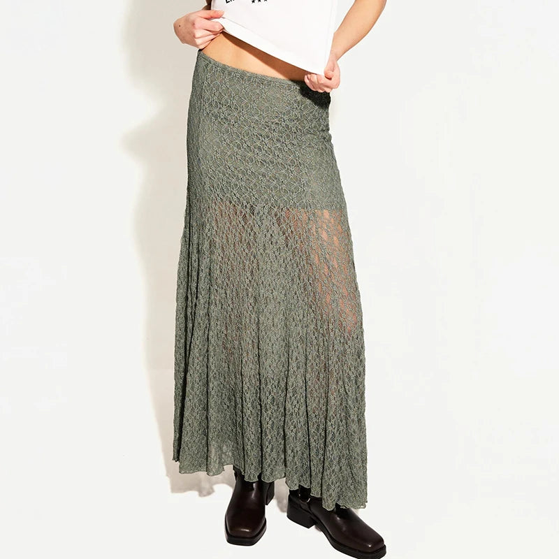 Hnewly  Vintage Sheer Lace Maternity Skirts for Women Low Elastic Waist Loose Fit Long Skirt Casual Pregnancy Skirts Fashion Streetwear