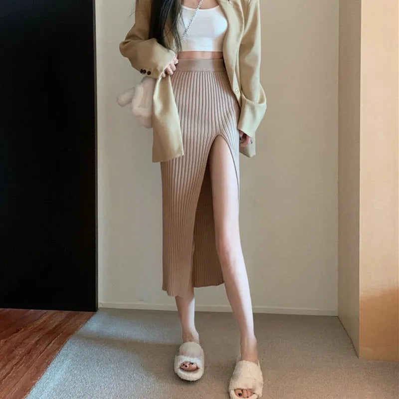 Hnewly skirt outfits winter Sexy Split Bodycon Long Skirt Women Elegant Slim Fit High-Waisted Knitted Skirts Woman Autumn Winter Package Hip Midi Skirt