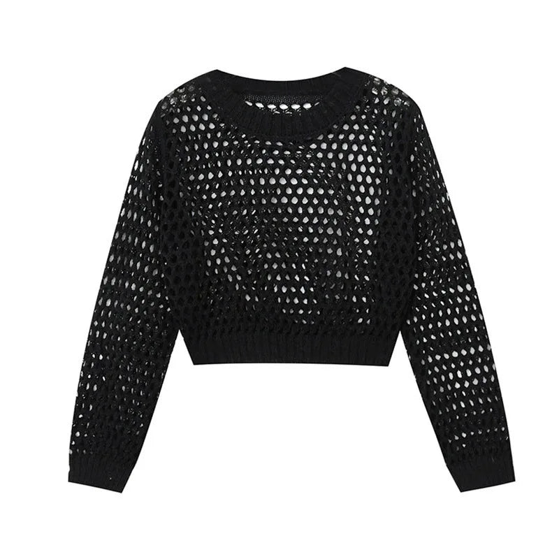 Hnewly Hollow Sun Protection Shirt Women's Summer Loose Pullover O-Neck Puff Long Sleeve Air Conditioning Knitwear Korean Retro Top