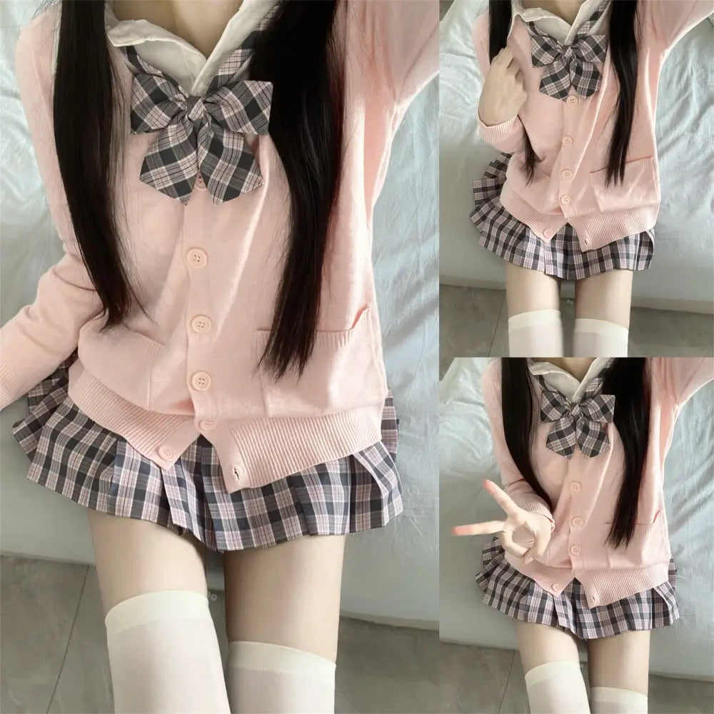 Hnewly 3Pc Set Japanese Korean School Uniforms Multicolor Sweater&Plaid Pleat Skirt with Bow Jk Uniform Suit Graduation Costumes Women