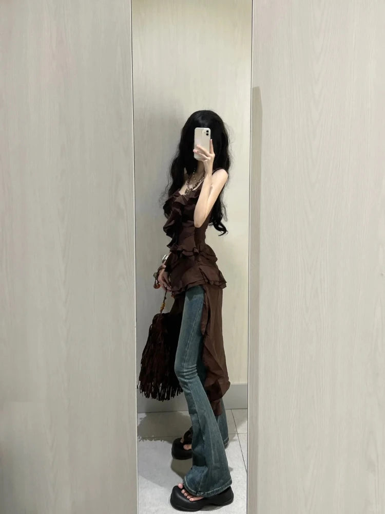 Hnewly 2000s Y2k Vintage 2 Piece Pant Sets Women Casual Blouse Dress Tank Top +denim Pants Summer Beach Irregular Korean Suits Chic