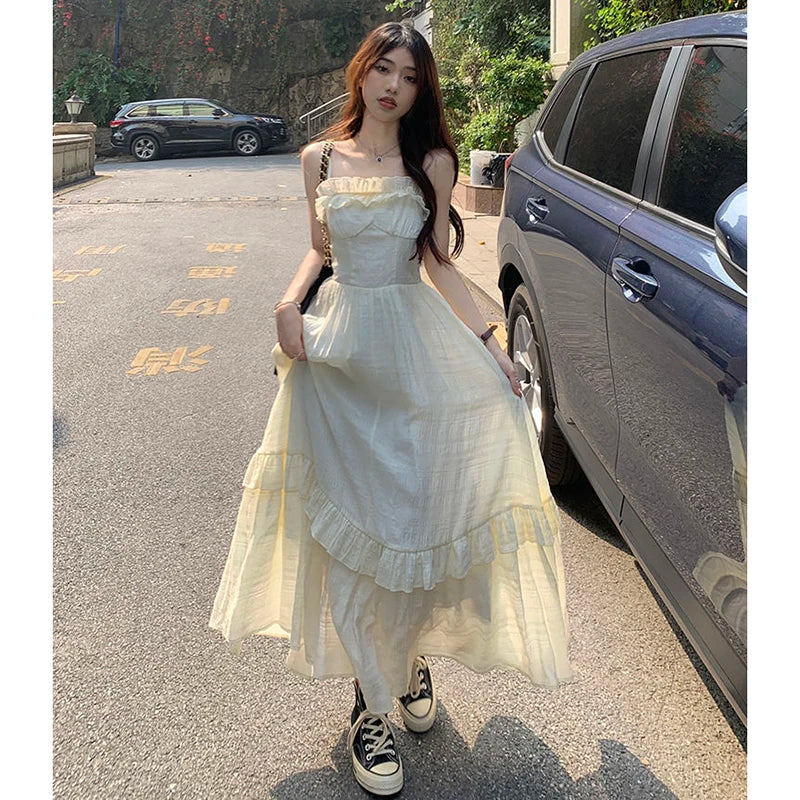 Hnewly Elegant Satin V Neck Dress Women Y2K Korean Chic Ribbon Slim Midi Dress Summer Sexy Hollow Out Folds Sleeveless Vestidos Mujer