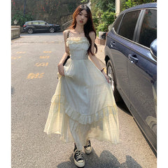Hnewly Elegant Satin V Neck Dress Women Y2K Korean Chic Ribbon Slim Midi Dress Summer Sexy Hollow Out Folds Sleeveless Vestidos Mujer
