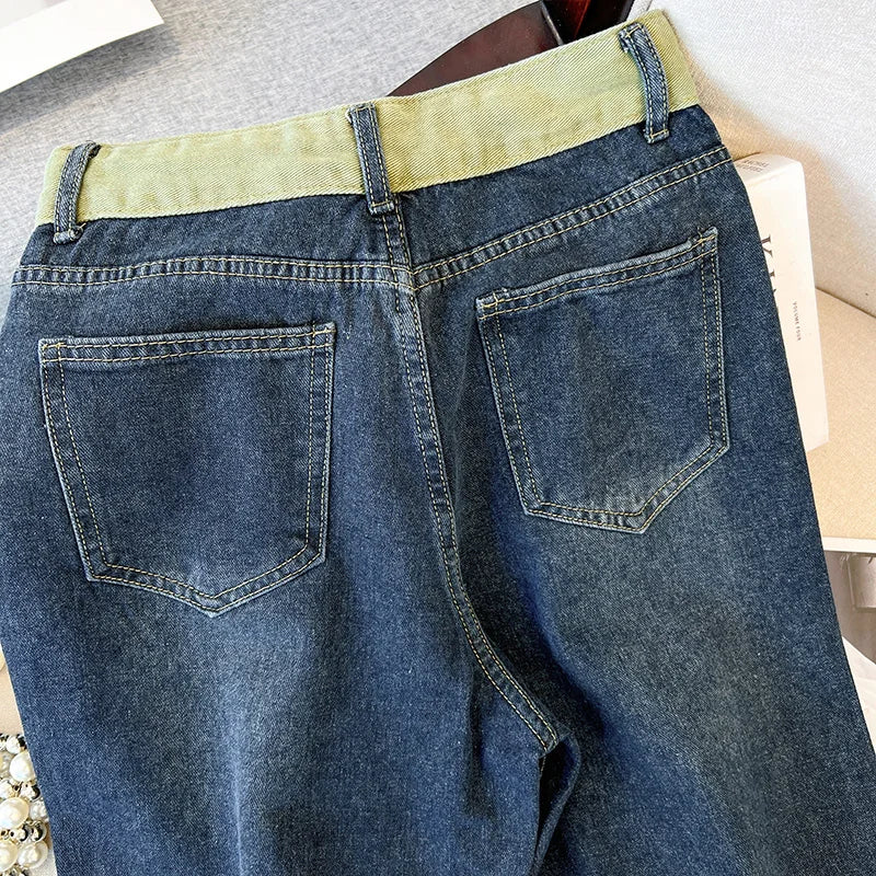 Hnewly  Large Size High Waist Jeans  Women  New Autumn Loose Drawstring Wide Leg Pant Fashion Splice Versatile Straight Leg Denim Pants