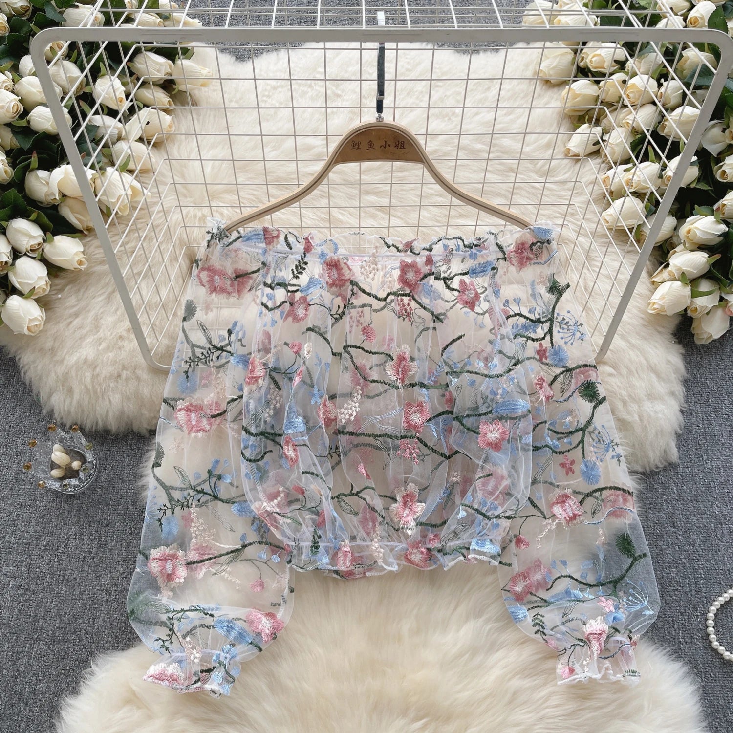 Hnewly  Women Summer Lace Shirt Elegant Off Shoulder Mesh Embroidered Perspective Shirt Loose Puff Long Sleeves Crop All-Matched Top