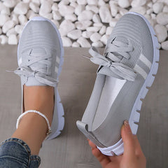 Hnewly Mesh Knitted Striped Flats Shoes for Women Summer Lace Up Casual Sneakers Woman Breathable Soft Sole Loafers Plus Size 43