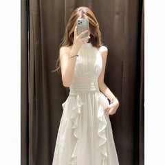 Hnewly  Summer New Style Halterneck Dress for Women Ruffled Elegant Sleeveless Skirt the dress black dress white dress