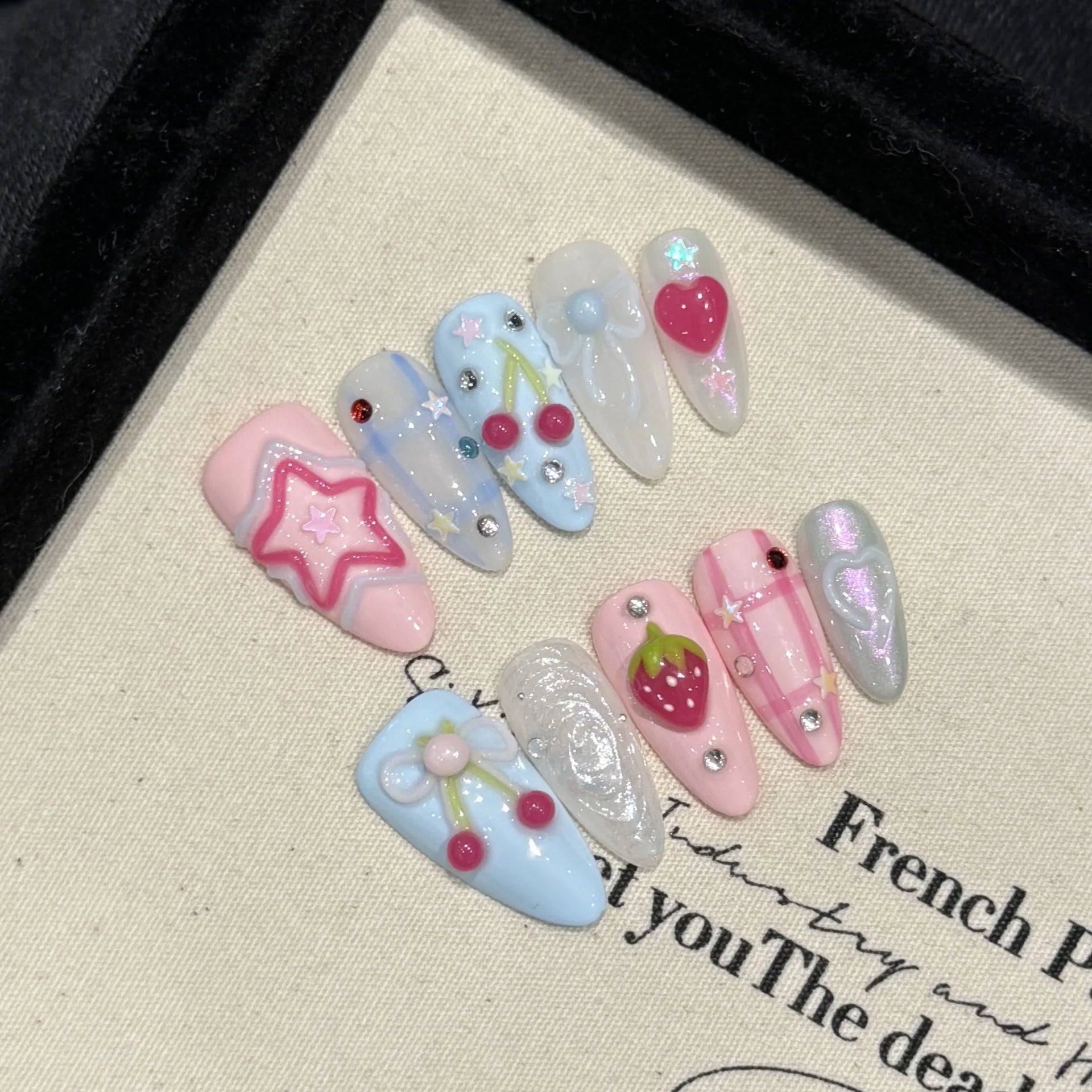 Hnewly 10Pcs Pink Handmade Press on Nails Full Cover Bow Tie Rhinestone Design French Almond Fake Nails Wearable Manicure Nail Tips Art