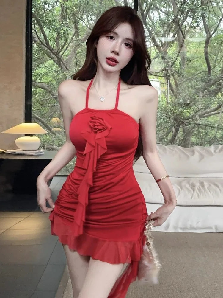 Hnewly  Irregular Dresses Women Ruffles Patchwork Sexy Sweet Sleeveless Halter Slim Ruched Backless Party Mini Dress Female