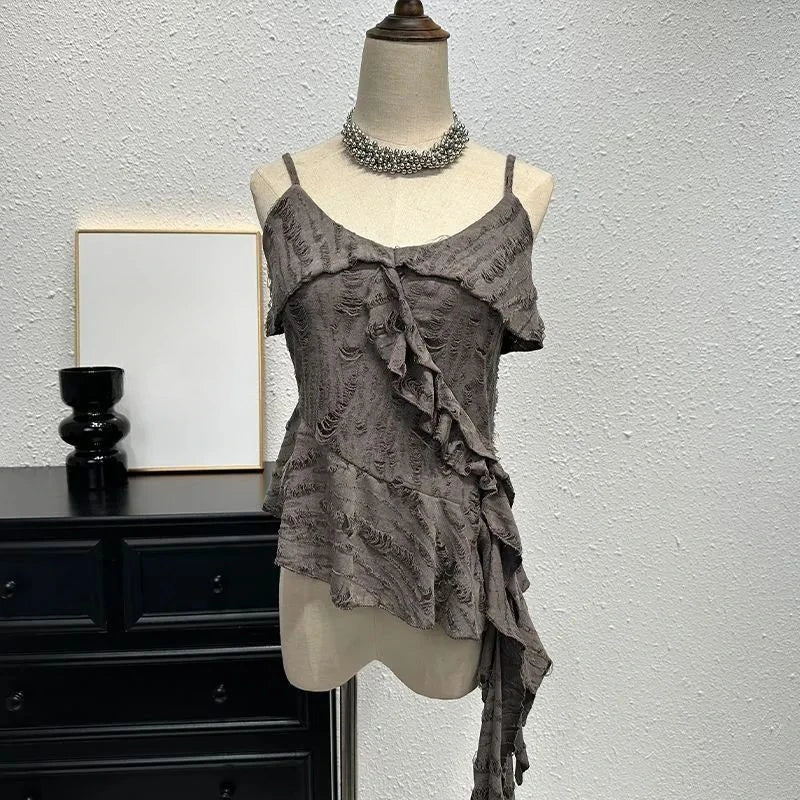 Hnewly Gothic Tank Top Y2k E-Girl Slim Fit Sleeveless Tops Vintage Harajuku Patchwork Mesh T-shirt for Women New See Through Sexy