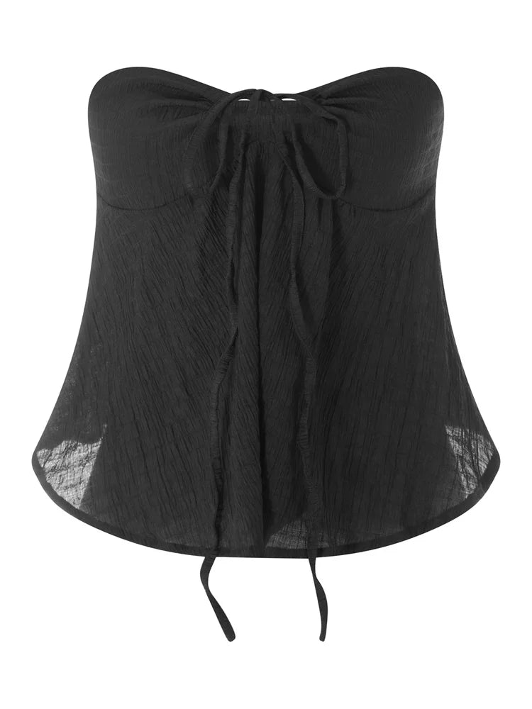 Hnewly Strapless Off Shoulder Ruched Tube Tops for Women Front Tie-up Ruffles Summer Party Clubwear Tank Mini Vest New
