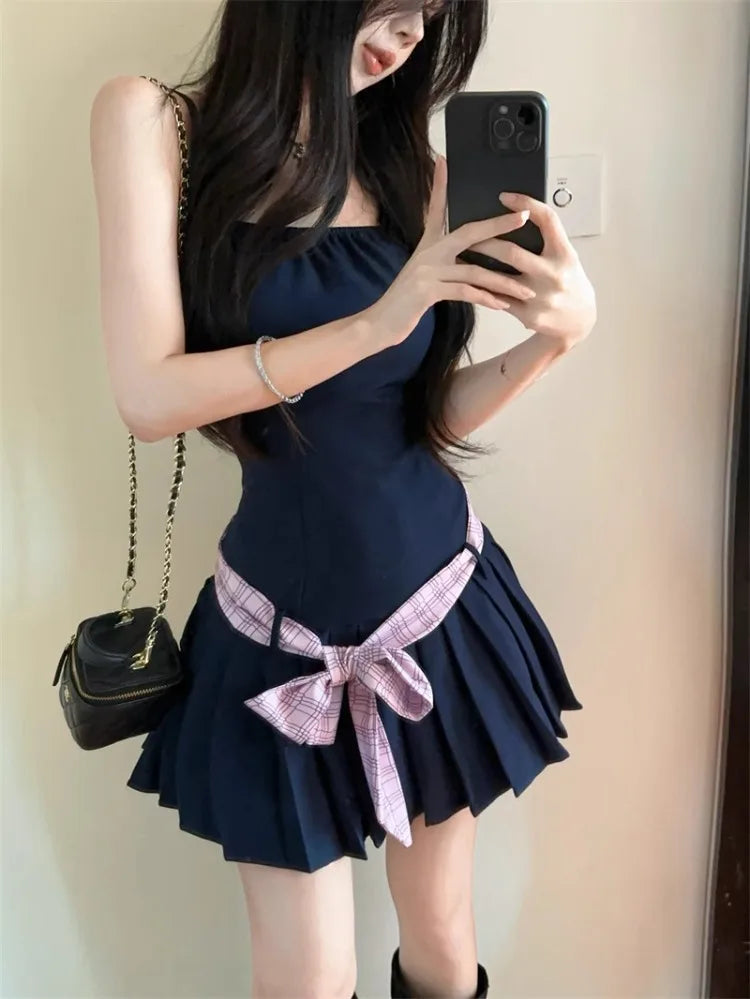 Hnewly  Woman Dress Bow Sexy Sweet Sleeveless Slash Neck Slim Backless Bow Bandage Elegant Mini Dresses Party Female Casual