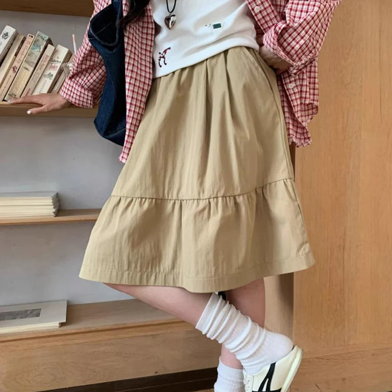 Hnewly  Japanese Style Elastic Waist A Line Skirt Women Summer High Waisted Knee High Skirts Woman College Pocket Solid Color Skirt