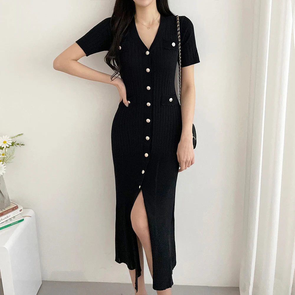 Hnewly Knitted Black Bodycon Korea Style Ruffle Ladies Short Sleeves Midi Dresses Elegant Casual V-neck Mermaid Dress for Women Summer