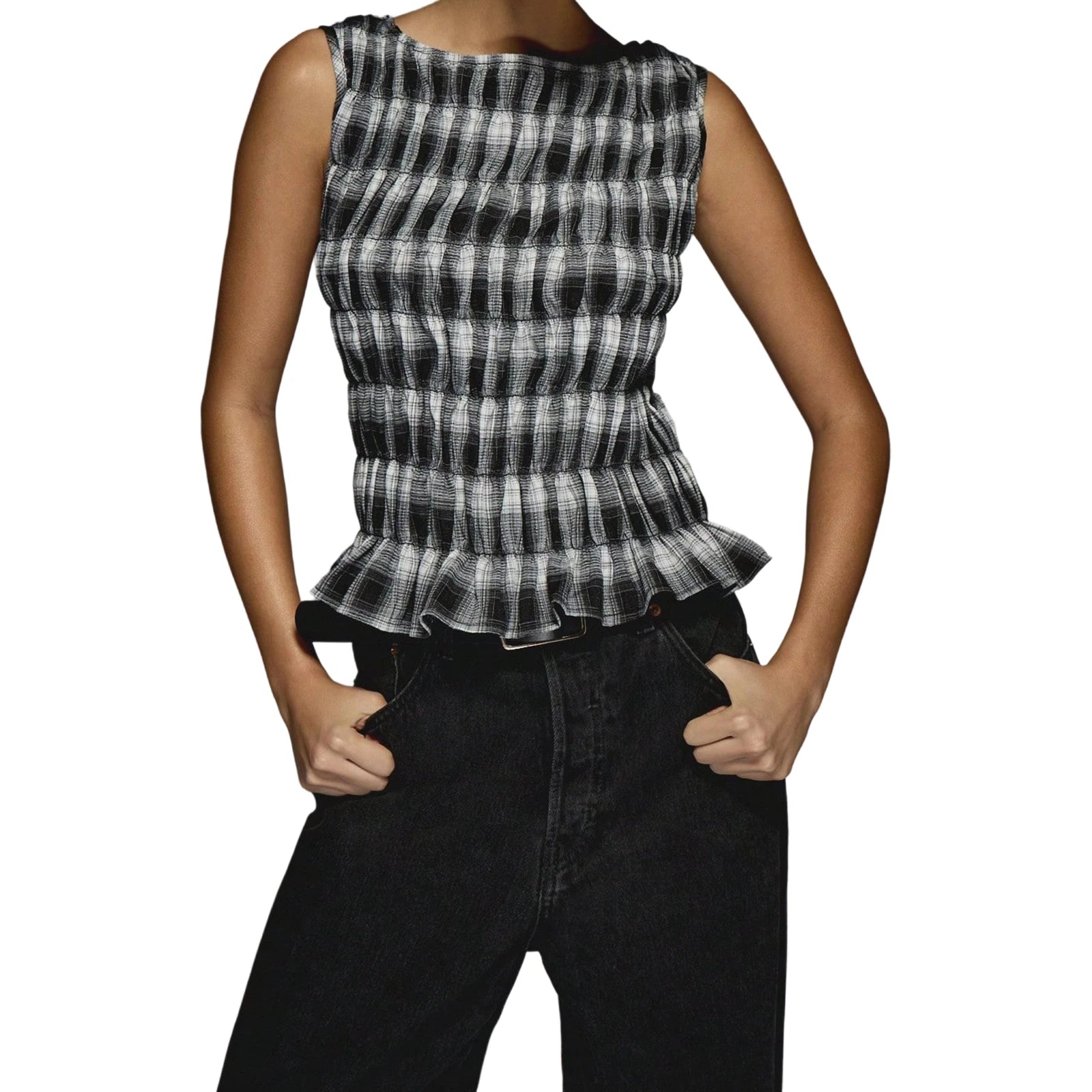 Hnewly Women Tank Tops y2k Clothes Summer Plaid Print Crew Neck Sleeveless Pleated T Shirts Vest Streetwear for Casual Daily