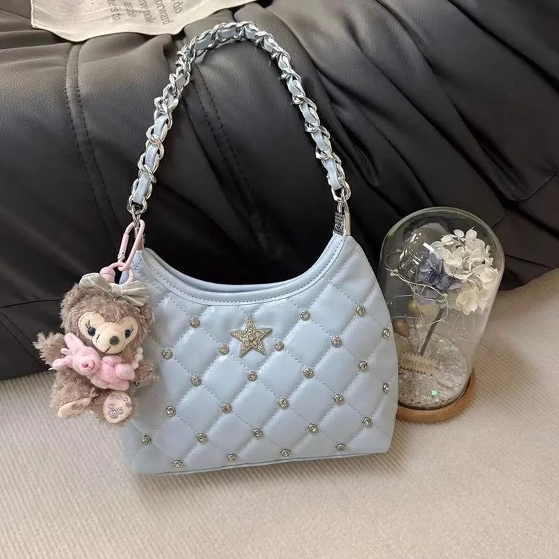 Hnewly  Vintage White Y2k Underarm Bagwomen New Trendy Beading Chain Leather Shoulder Bags Female Retro Casual Crossbody Bags New