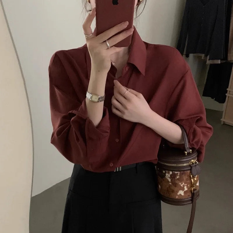 Hnewly Retro Style High Temperament V-neck Women's Shirt Long Sleeved Shirt Loose Style Top Women's Clothing Red Rose white