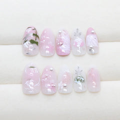 Lunivop  24pcs Summer Sweet Pink Roses Flower Medium Long Almond Nail Art Nails Set Press on Acyrlic Fake Nails Set Nail Tips with Charms