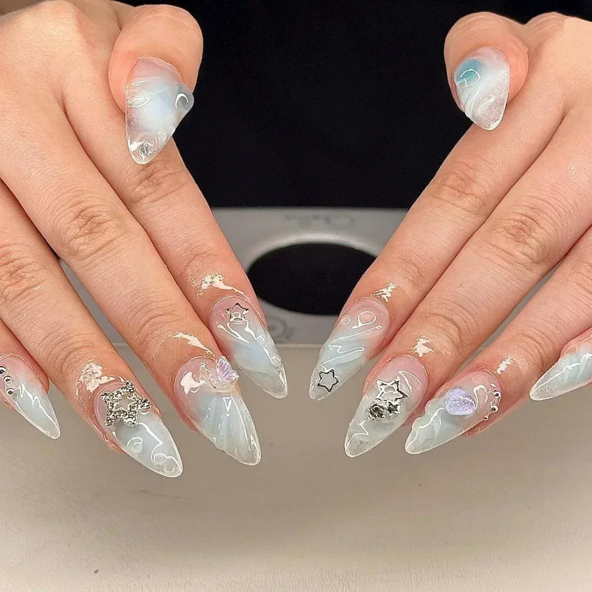 Hnewly 24Pcs Pink Almond French Press on Nails With 3D Bow ripple charms Design Fake Nails Ballerina False Nails Full Cover Nail Tips