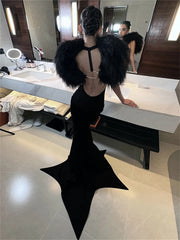 Hnewly  Cutenew Furry Patchwork 2 Piece Set Women Elegant Sexy Metal Ring Sleeveless Dress+Tassel Shawl Noble Fashion Party Gown Suit