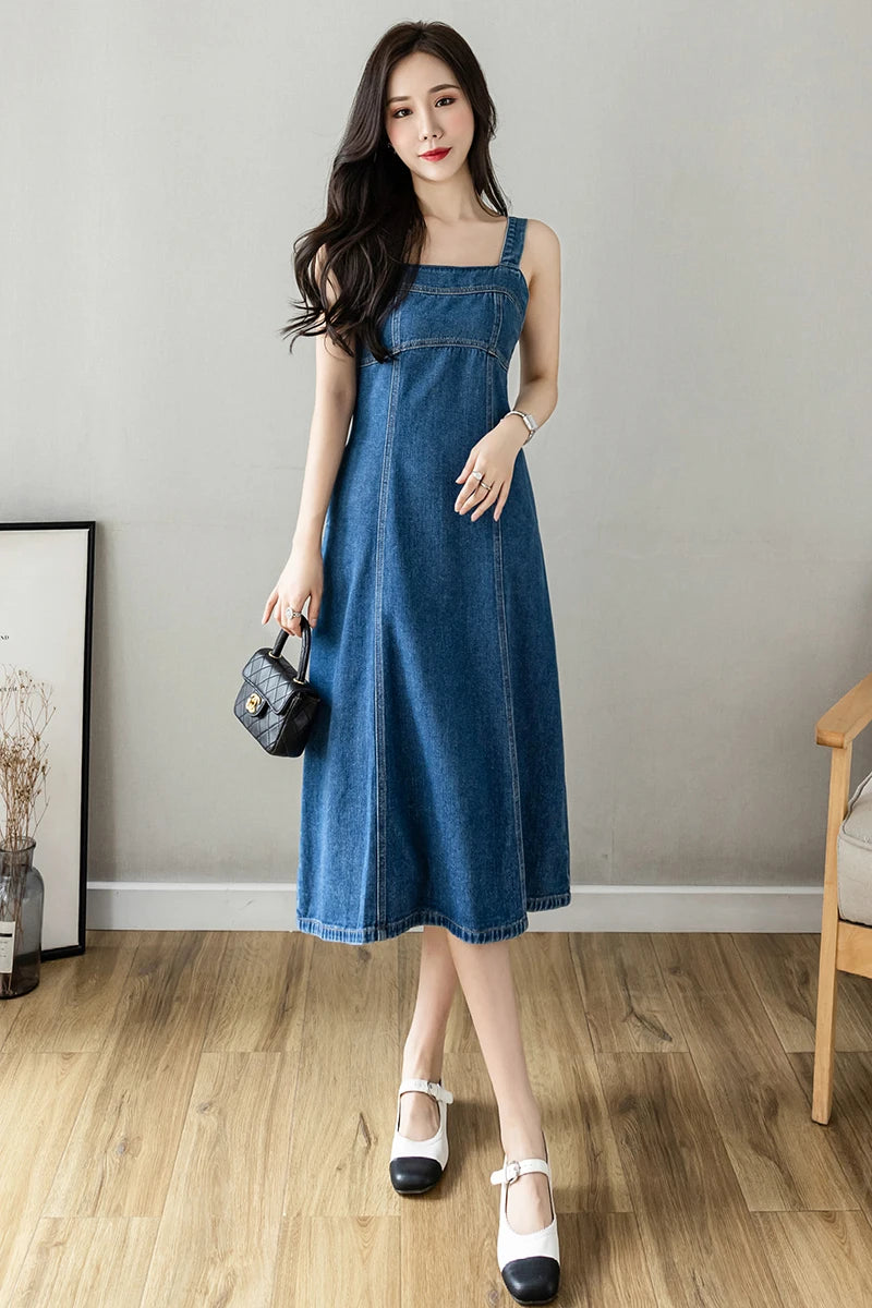 Hnewly  Denim Spaghetti Strap Dress New Summer Women's Retro Strap A-Line Dress Classic Blue Tea-Length Versatile Slim Sun Dresses