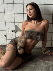 Hnewly  Cutenew Chic Sexy Furry 2-Piece Set Women Vintage Strapless Tops+Peach Hip Skirt Matching Midnight Trend Hottie Hipster Clubwear