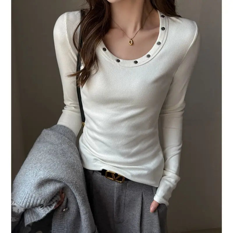 Hnewly  Autumn/Winter New Fashionable German Velvet Round Neck Riveted Long Sleeve T-shirt for Women Tight Thickened Commuter Top
