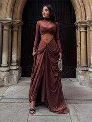 Hnewly  Cutenew Patchwork Mesh Women Maxi Dress Hipster Stacked Ruched Hollow See Through Full Sleeve Split Long Robe Female Party Frock