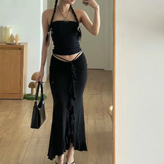 Hnewly Women Solid Ruffles Skinny Skirt Sexy Ruched Bandage High-waist Street Skirts Summer Elegant Office Casual Short Dress
