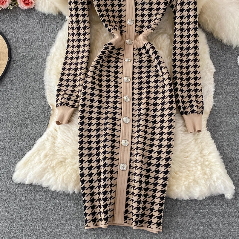 Hnewly  V-neck Sweater Dress Autumn New Versatile Slim Knitted Dresses Elegant Single Breasted High Waisted A-line Gown