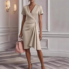 Lunivop  ﻿ Women's Chic Ruched Wrap V Neck Midi Dress Long Sleeve Asymmetric Hem Formal Gown for Elegant Office Work Commute