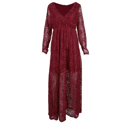 Hnewly  Maternity's Red Wine V-Neck Long Sleeve Photography Props Maxi Pregnancy Clothes Lace Dress Fancy Shooting Photo Pregnan