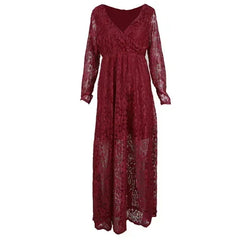 Hnewly  Maternity's Red Wine V-Neck Long Sleeve Photography Props Maxi Pregnancy Clothes Lace Dress Fancy Shooting Photo Pregnan