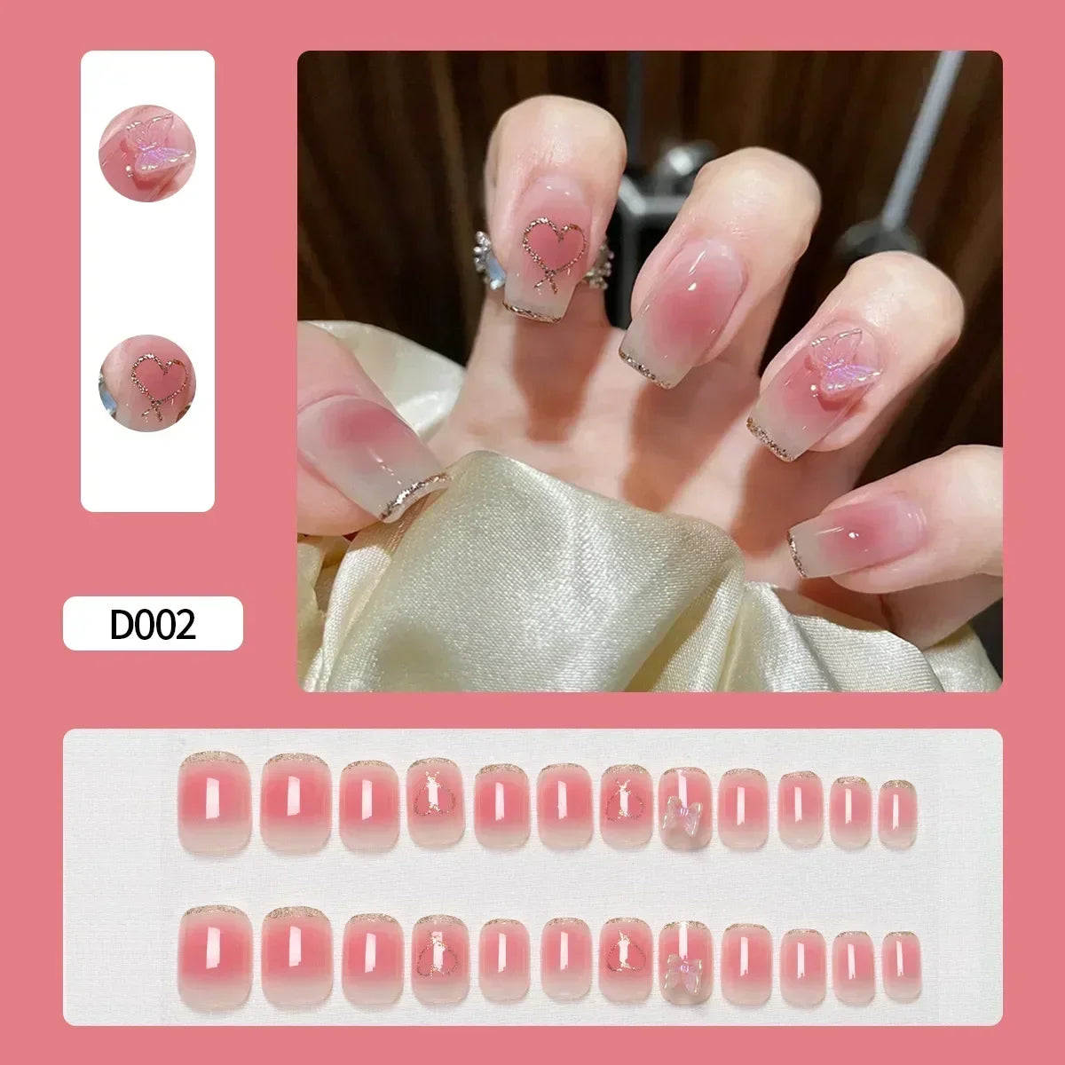 Hnewly 24Pcs False Nails French Gradient Ballet Fake Nails Press on Nails Black Heart Rhinestone Design Glitter Full Cover Nail Tips