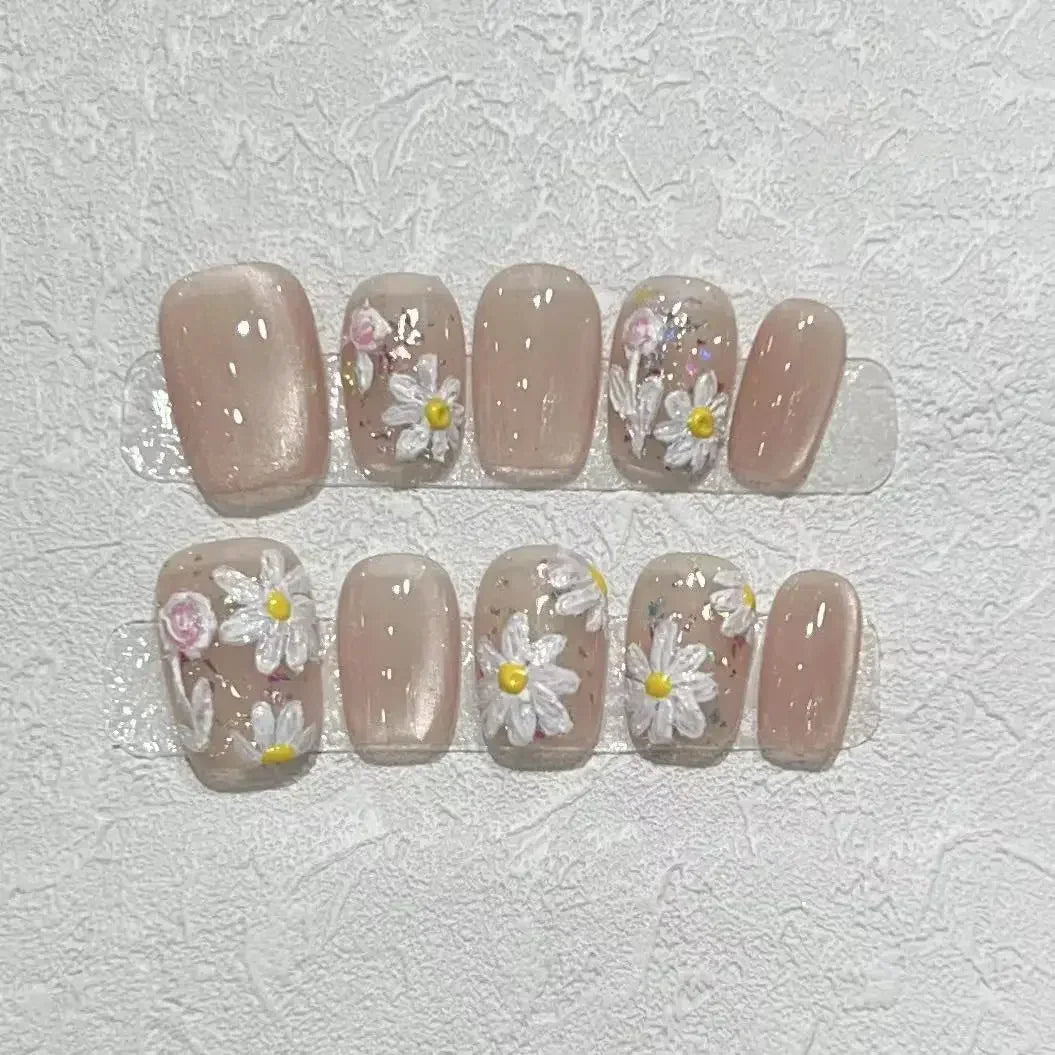 Hnewly 10pcs Mini Flower Fake Nails Short Square Press on Nails Glitter Cat Eye False Nails Full Cover Sweet Cute Manicure Nail Art Tip