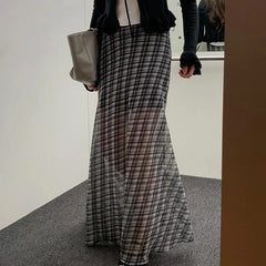 Hnewly  Vintage Plaid Skirt Women Korean Style Y2k Mesh Long Skirts Elegant Sweet Harajuku Retro Fashion Skirts Streetwear