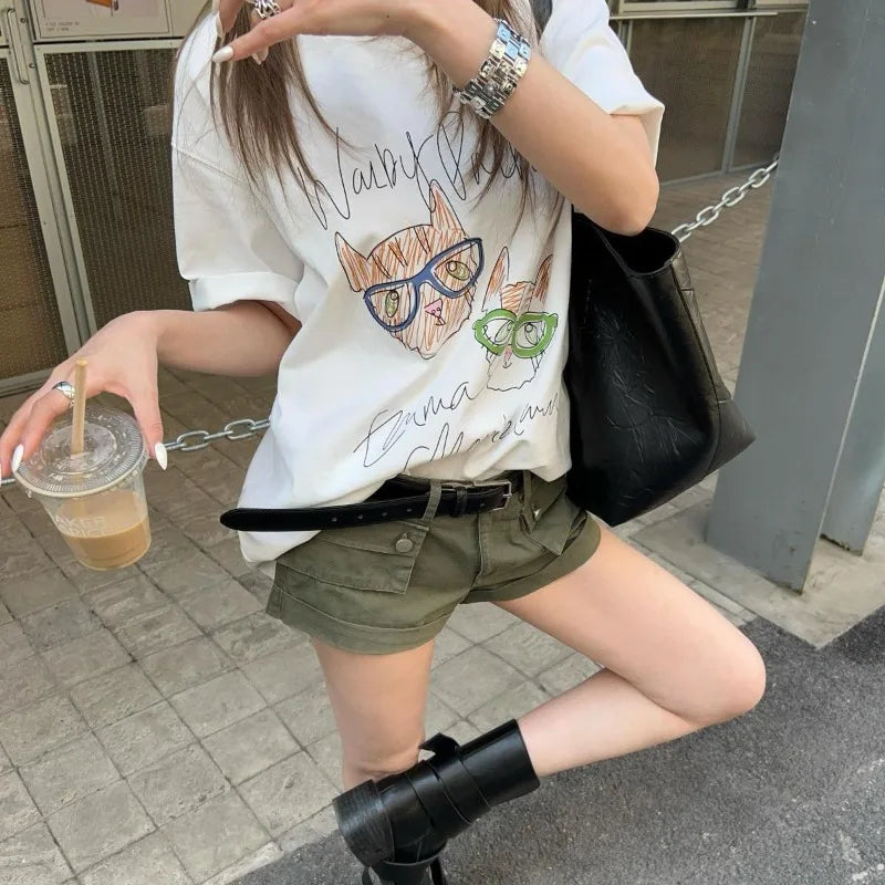 Hnewly  Women T Shirts Vintage Cartoon Cat Printed Short Sleeve Loose Summer Fashion Funny Tops Female Casual Tshirt