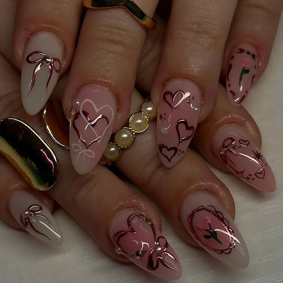 Hnewly 24Pcs Cat Eye Press on Nails with Almond Head Bow Diamond Stick on False Nail Sweet Pink French Full Cover Artificial Nails Tips