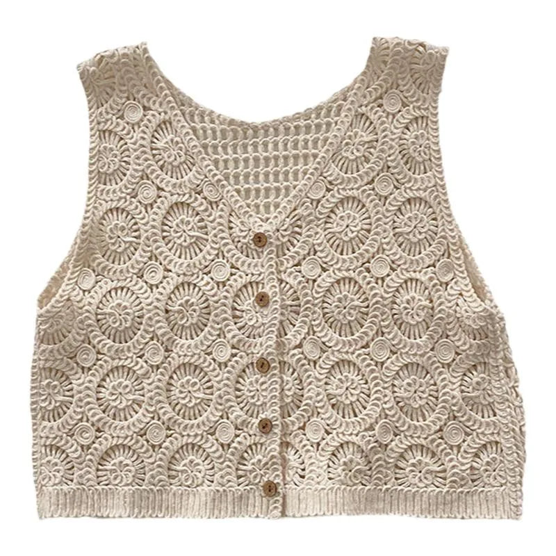 Hnewly Women Summer Hollow Out Knit Vest French Style V-Neck Sleeveless Hooked Flower Sweater 2023 New All-Match Outwear Short Top