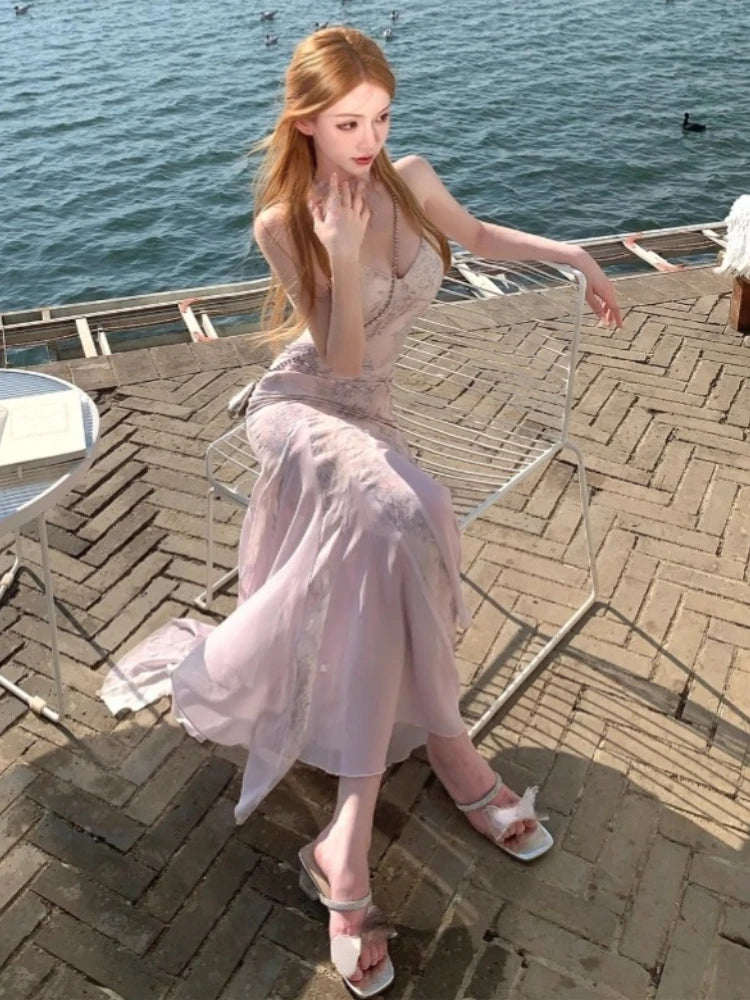 Hnewly French Vintage Y2k Elegant Boho Midi Dress Female Slim Sexy Lace Print Camisole Long Dress Sequin High Waist Dresses Even Party