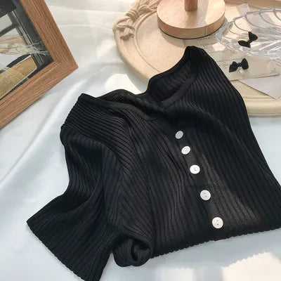 Hnewly  Knitted Short Sleeved T-shirt Sweater Women Spring  Summer 2025 Thin Loose V-neck Single Breasted Top Solid Short Cardigan Coat