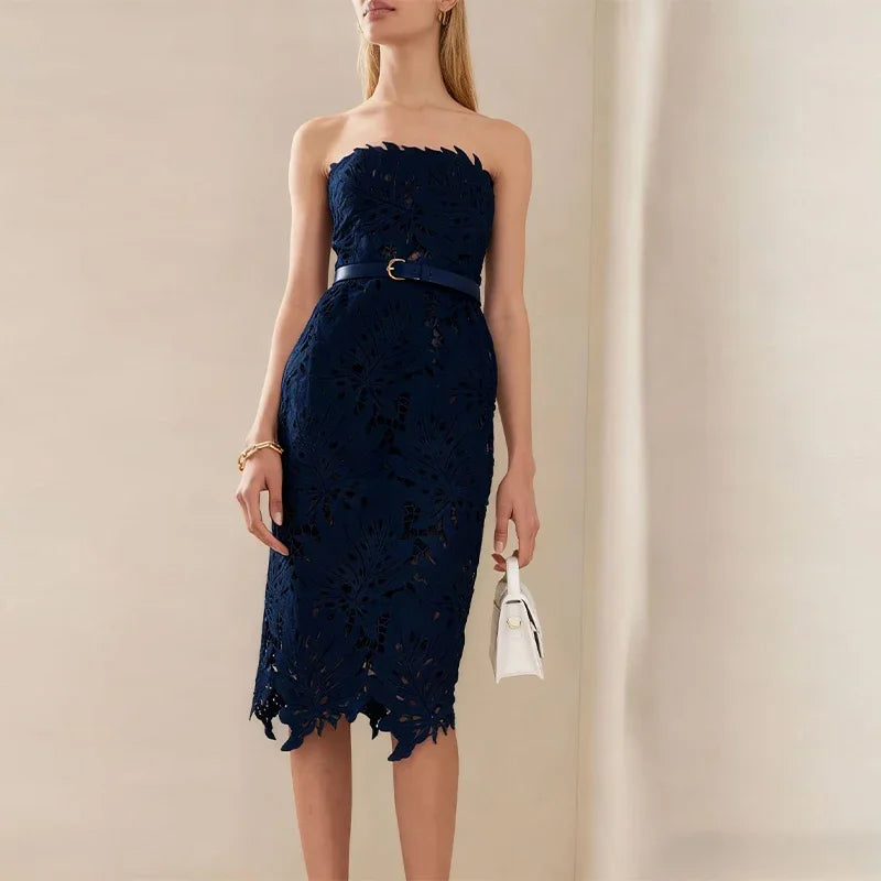 Hnewly  Elegant Embroidery Women's Dress Tube Top Slim Hollow Out Lady Party Dresses Autumn Winter Female Holiday Ball Robe New
