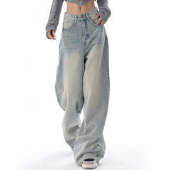 Hnewly  Women Korean Style Jeans High Waist Washed Wide Leg Pants Fashion High Street Loose Retro Blue Light Blue Denim Trousers