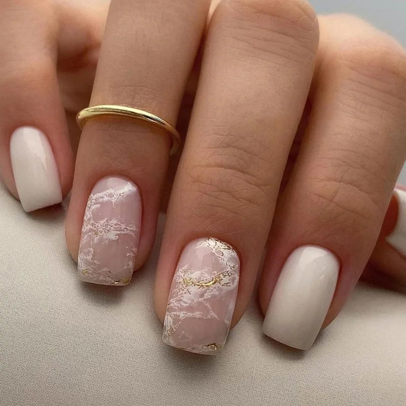 Hnewly 24Pcs Press On Nails Simple French Colorful Wavy Abstract Line Fake Nails Full Cover Nail Art Tips Coffin Square Head False Nail