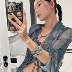 Hnewly  Y2k Vintage Denim Blue Print Shirts Women Summer Hollow Out Slim Fit Blouses 2025 Fashion New Long Sleeve Blusas Mujer
