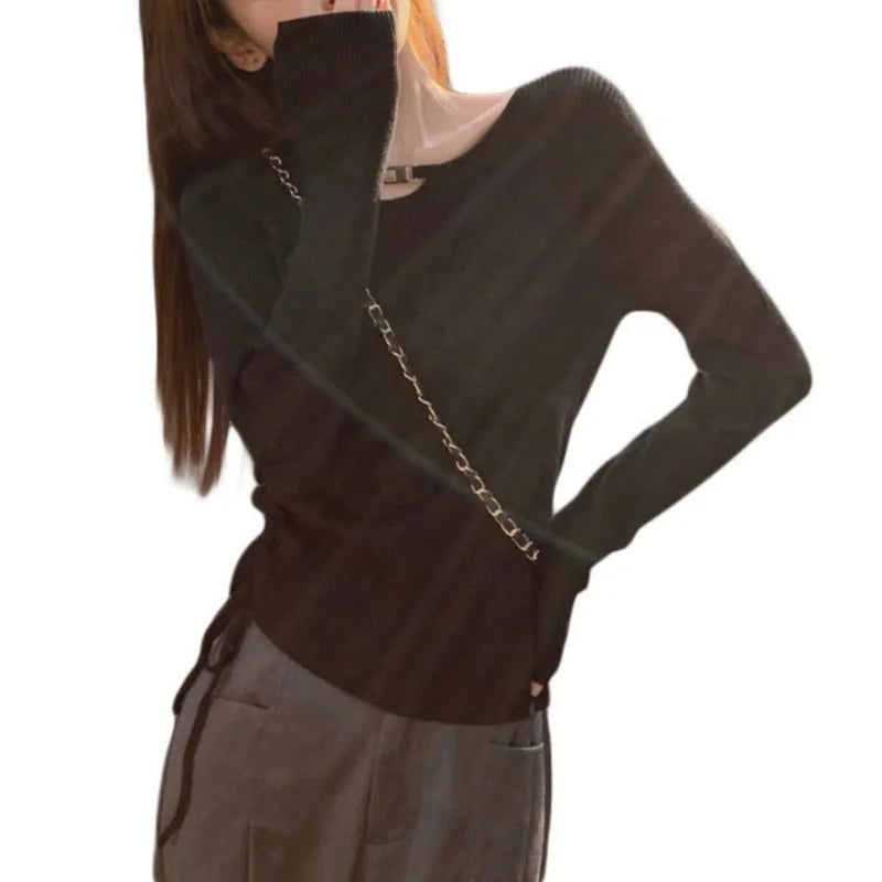 Hnewly y2k Aesthetic Tops Women Clothes Solid Color Metal Chain Decor Round Neck Long Sleeve Knitted T Shirts 2000s Streetwear